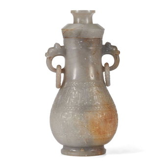 A Gray Jade Archaistic Hu-Form Vase and Cover
