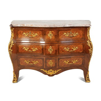 A Louis XV Style Kingwood Parquetry Marble Top Bombe Commode