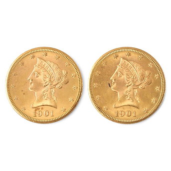 Two United States 1901-S Liberty Head $10 Eagle Gold Coins