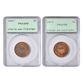 Two United States Proof Two-Cent Pieces