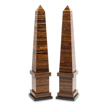 A Pair of Monumental Tiger's Eye Veneered Obelisks