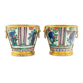 A Pair of Chinese <br>Wucai Porcelain and Ormolu Mounted Jardinières