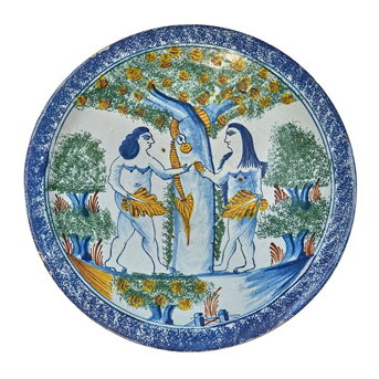 English Delftware Adam and Eve Charger, c. 1740