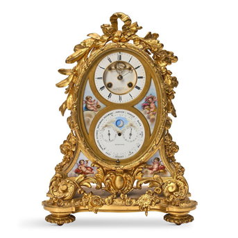 Gilt Bronze and Porcelain Mounted Le Roy and Fils Calendar Clock, France, 19th century