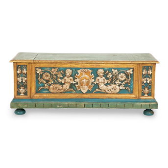 An Italian Parcel Gilt, Silvered and Polychrome Painted Cassone