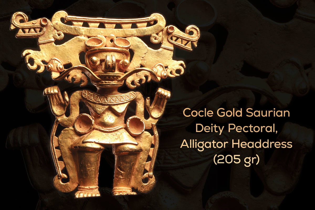 Cocle Gold Saurian Deity Pectoral, Alligator Headdress (205 gr)