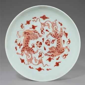 An Iron-Red-Decorated 'Chilong and Lotus' Dish China, Kangxi-Yongzheng Period (1662-1735)