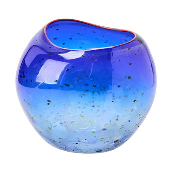 Dale Chihuly Hand-Blown Glass Cobalt Blue Basket With “Confetti” and Cadmium Red Lip