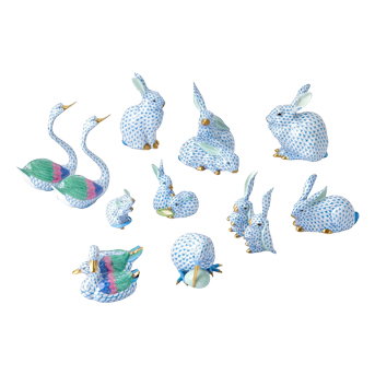 Group of Herend Porcelain Blue Fish-Net Figures of Animals